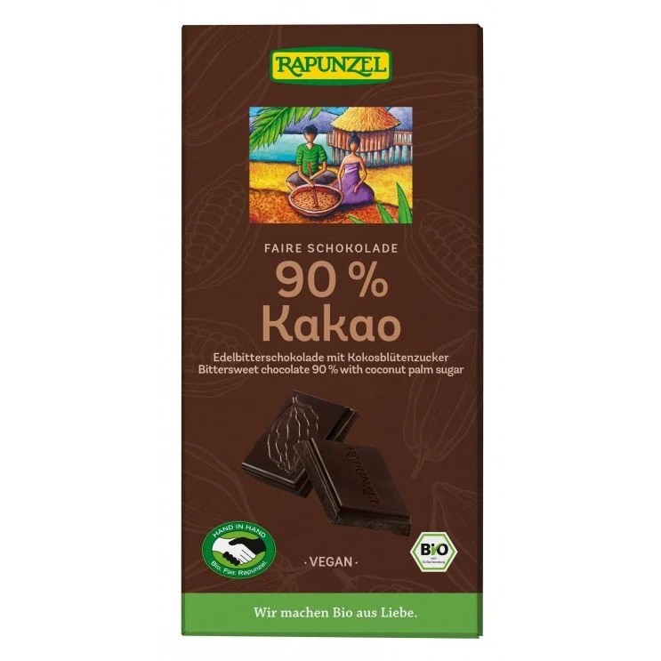 Σοκολάτα Μαύρη 90% Κακάο με Ζάχαρη Καρύδας 80gr - Rapunzel